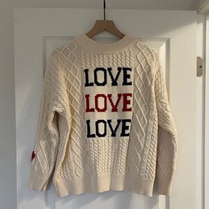 Altar'd State Cream Cable Knit Sweater with Navy Heart